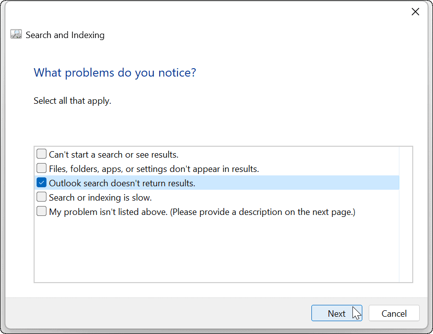 Windows 11 Outlook meklēšana nedarbojas