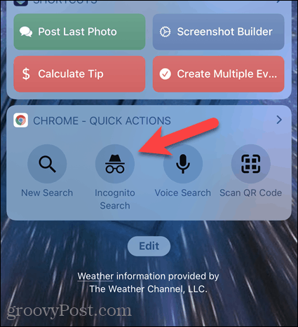 Operētājsistēmā iOS pieskarieties Incognito Search Chrome logrīkā