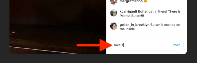 xscreenshot instagram tiešraides piemērs ar komentāru lodziņu, ko skatītājs izceļ un apdzīvo, sakot “love it”