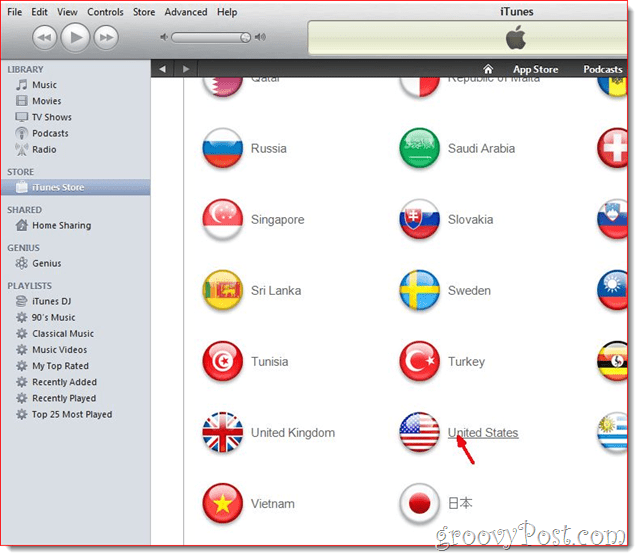 iTunes - noklikšķiniet uz United State Flag