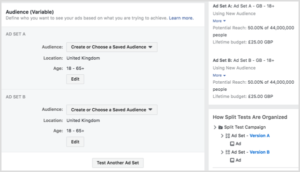 Sadaliet testu, kurā jūsu Facebook reklāmas tiek rādītas divām vai vairāk auditorijām.