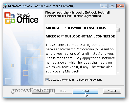 Outlook.com Outlook Hotmail savienotājs - noklikšķiniet uz Instalēt