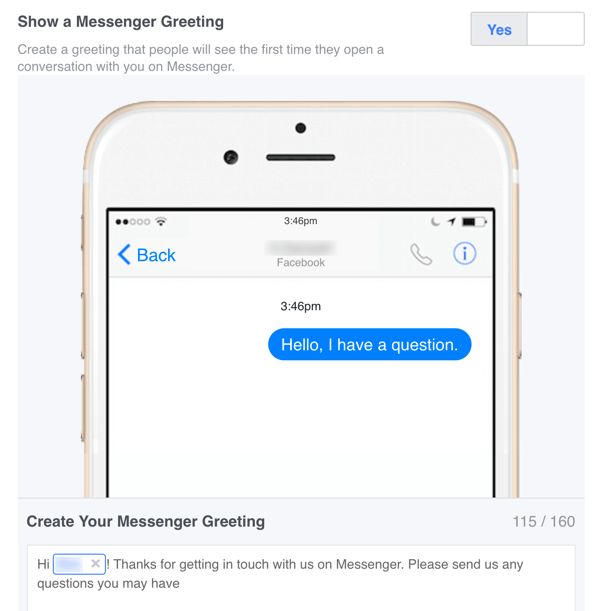 Iestatījumos varat iestatīt pielāgotu sveiciena ziņojumu pakalpojumam Facebook Messenger.