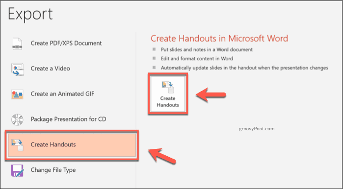 Poga Izveidot izdales materiālus pakalpojumā PowerPoint