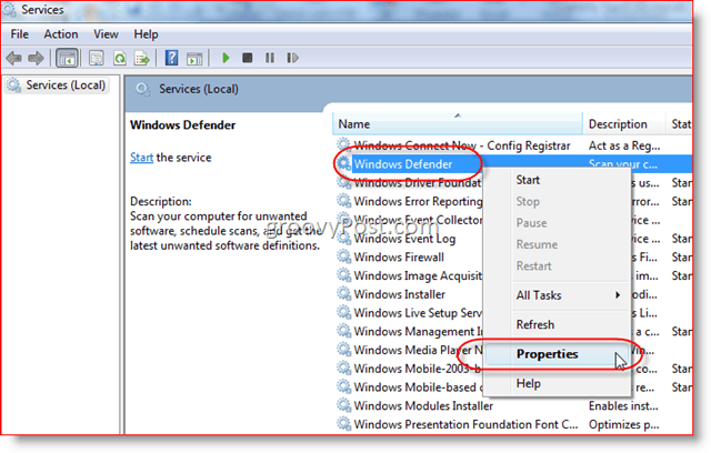 Atspējojiet Windows Defender pakalpojumu operētājsistēmā Windows Server 2008 vai Vista:: groovyPost.com