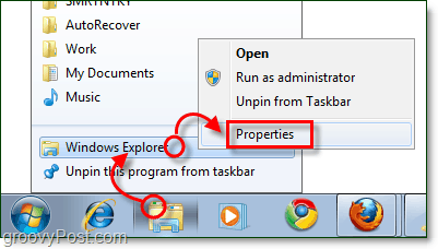 pielāgot Windows Explorer uzdevumjoslas saīsnes rekvizītus