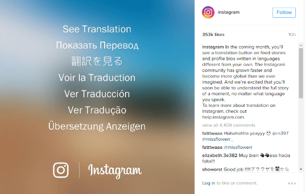instagram tulkošanas poga