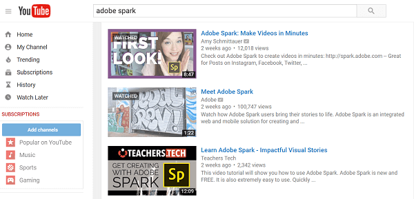 Adobe spark youtube meklēšana