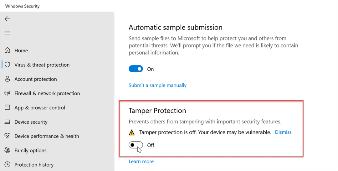 Aizsardzība pret viltojumiem ieslēgta vai izslēgta operētājsistēmā Windows 11