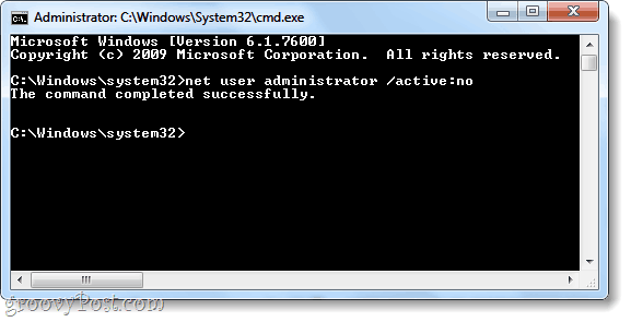 neto lietotāja komanda, lai deaktivizētu Windows 7 administratora kontu