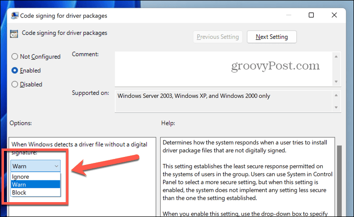 Windows 11 koda parakstīšanas opciju nolaižamā izvēlne