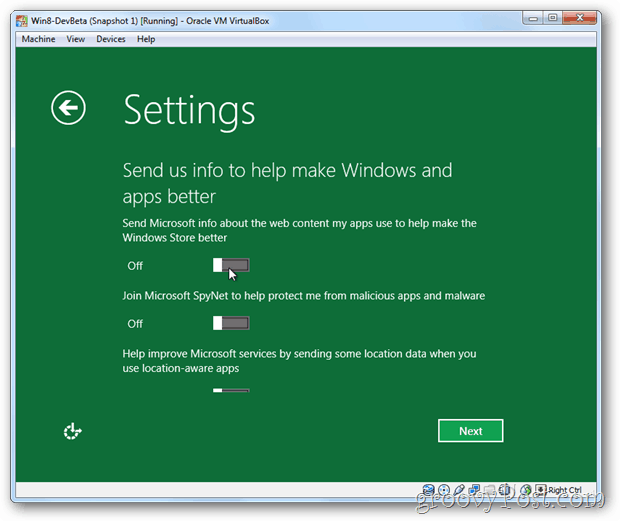VirtualBox Windows 8 privātuma informācija uz Microsoft
