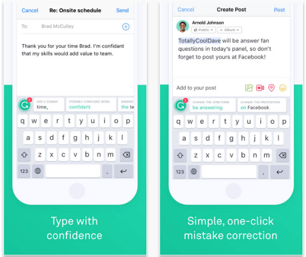 Instalējiet lietotni Grammarly Keyboard, lai pareizrakstība un gramatika pārbaudītu ziņas mobilajā ierīcē.