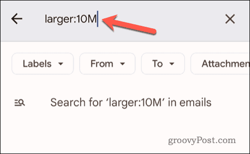 E-pasta lieluma kritēriju iestatīšana Gmail meklēšanas joslā mobilajā ierīcē