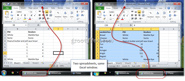 divas Excel izklājlapas vienā logā