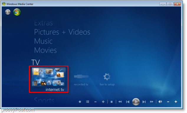 Windows 7 Media Center - noklikšķiniet uz interneta TV