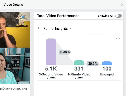 izvēlnes iespēja apskatītajām minūtēm izcelta sadaļā facebook kopējā video veiktspēja