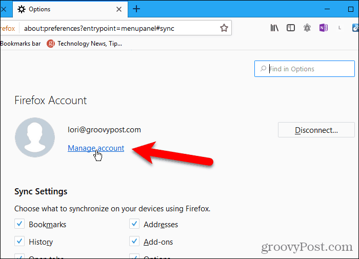 Firefox for Windows noklikšķiniet uz Pārvaldīt kontu