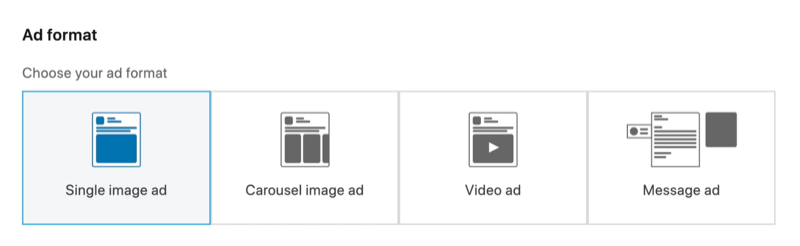 LinkedIn reklāmas formātam atlasītās opcijas Vienas attēla reklāma ekrānuzņēmums