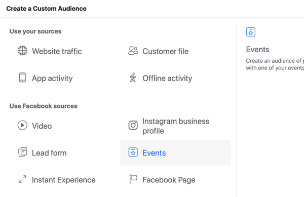 Kā reklamēt savu tiešraides notikumu pakalpojumā Facebook, 10. solis, izveidojiet pielāgotu auditoriju pakalpojumā Facebook Ads Manager, pamatojoties uz notikuma lapas skatījumiem