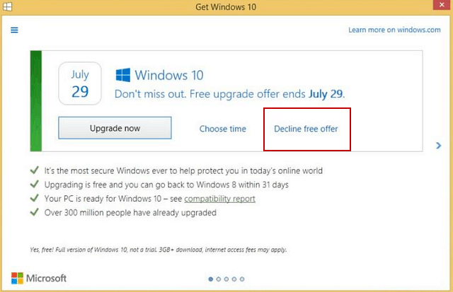 Microsoft ļauj viegli noraidīt Windows 10 bezmaksas jaunināšanu