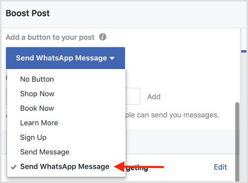 Atlasot opciju Sūtīt WhatsApp ziņojumu, palielinot Facebook ziņu.