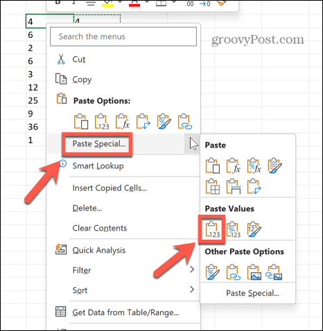 Excel ielīmējiet īpašas vērtības