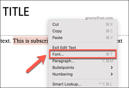 Piekļuve Fontu opciju izvēlnei programmā Powerpoint Mac