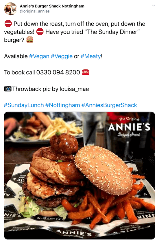 @original_annies twitter ieraksta ekrānuzņēmums ar burgera un saldo kartupeļu kartupeļu attēlu zem aizraujoša apraksta, viņu tālruņa numuru, attēla kredītu un mirkļbirku