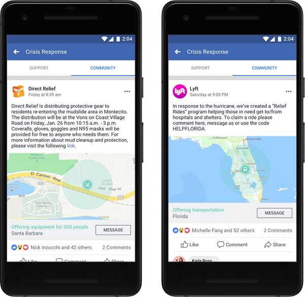 Facebook paziņoja, ka organizācijas un uzņēmumi tagad var publicēt kopienas palīdzībā un sniegt kritisku informāciju un pakalpojumus cilvēkiem, lai viņi varētu saņemt krīzes laikā nepieciešamo palīdzību.