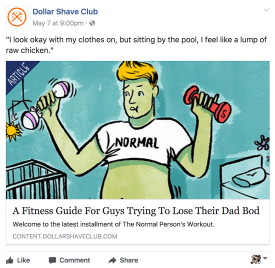 Dollar Shave Club savā Facebook biznesa lapā dalās ar atbilstošu un gudru saturu.