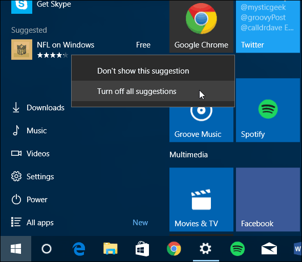 Windows 10 izvēlne Sākt Izslēdziet ieteiktās lietotnes
