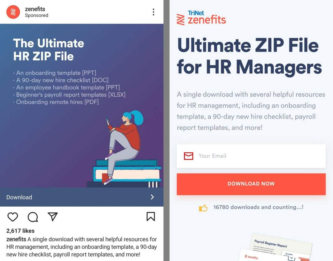 kā-izaugt-your-your-email-list-on-instagram-using-instagram-landing-page-promotes-customer-email-download-cta-call-to-action-automatically-redirects-to-maning-page- zenefits-piemērs-17