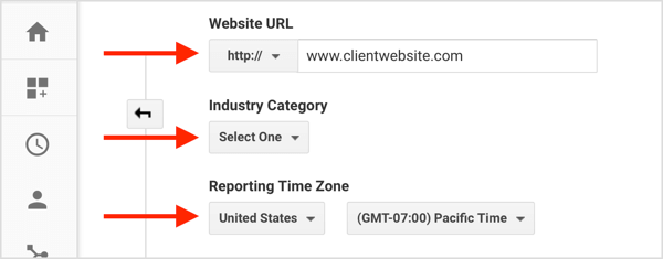 Aizpildiet informāciju, lai no sava Google Analytics konta izveidotu jaunu klienta kontu.