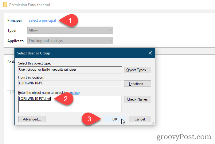 Noklikšķiniet uz Atlasīt galveno un atlasiet lietotāju vai grupu atļauju saņemšanai Windows reģistrā