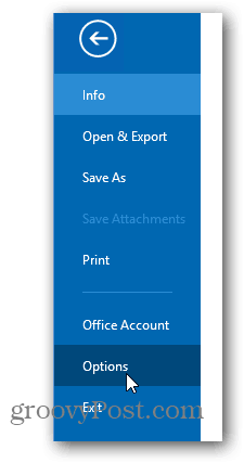 Office 2013 mainīt krāsu motīvu - noklikšķiniet uz opcijām