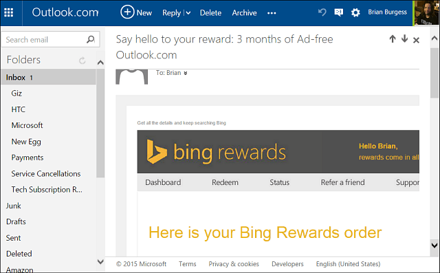 Saņemiet Oultook.com bez reklāmām visu gadu, izmantojot Bing balvas