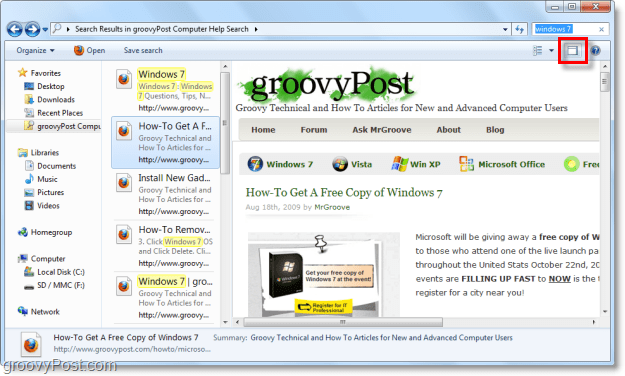 izmantojiet Windows 7 priekšskatījuma rūti, lai apskatītu vietnes, izmantojot meklētāja savienotāju pārlūka logā