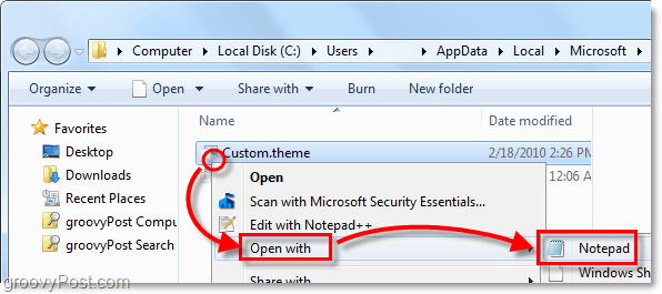 atveriet Windows 7. tēmas failu, izmantojot piezīmju bloku vai jebkuru citu teksta lasītāju