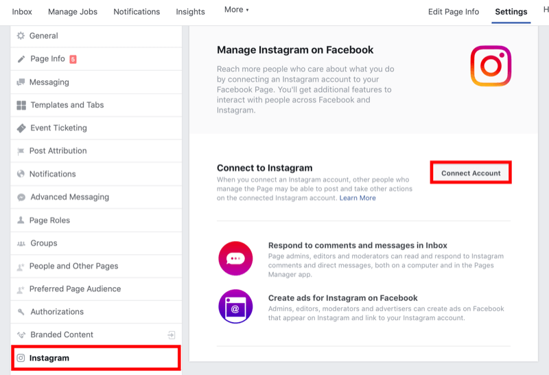 kā Facebook lapas iestatījumos savienot Facebook lapu ar Instagram biznesa kontu
