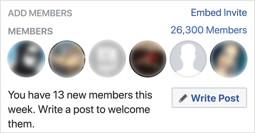 Noklikšķiniet uz Rakstīt ziņu, lai uzņemtu jaunus Facebook grupas dalībniekus.