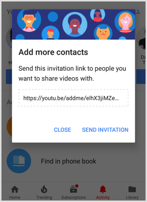 YouTube ielūguma saite, lai koplietotu ar cilvēkiem, lai pievienotu vairāk kontaktpersonu