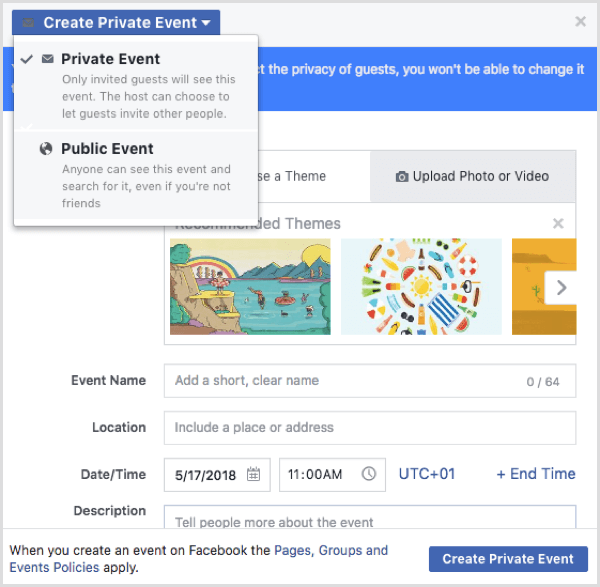 Facebook notikuma iespējas, veidojot notikumu no Facebook profila