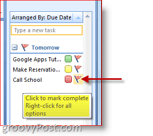 Outlook 2007 uzdevumu josla — noklikšķiniet uz uzdevuma karoga, lai atzīmētu kā pabeigtu
