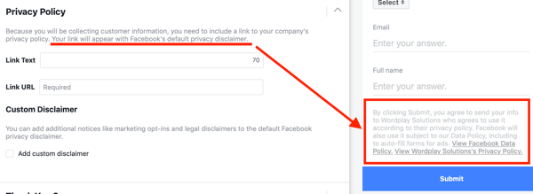 Privātuma politikas piemērs, kas iekļauts Facebook vadošo reklāmas kampaņu opcijās.