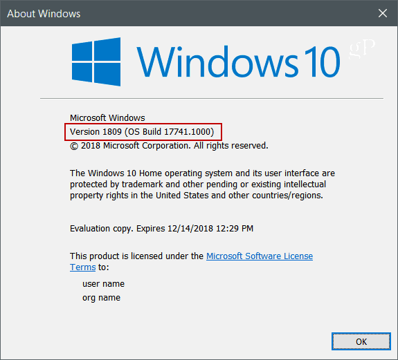 Winver Windows 10 versija 1809