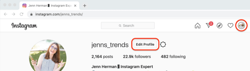 instagram profila ekrānuzņēmums ar iezīmētu pogu 'rediģēt profilu'