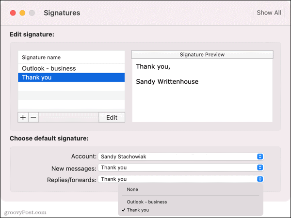 Programmā Outlook atlasiet noklusējuma parakstu