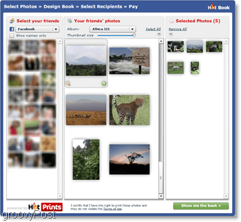 HotPrints ļauj jums izvēlēties no saviem augšupielādētiem fotoattēliem vai no draugiem Facebook