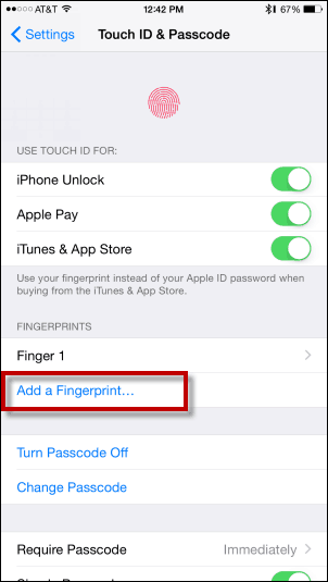 Pieskarieties Pievienot pirksta nospiedumu - pievienojiet pirksta nospiedumu Touch ID